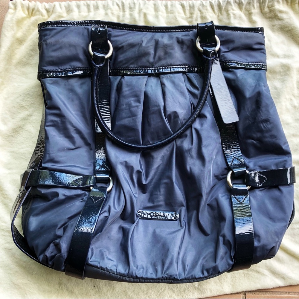 Cole Haan large dark blue nylon & patent tote bag